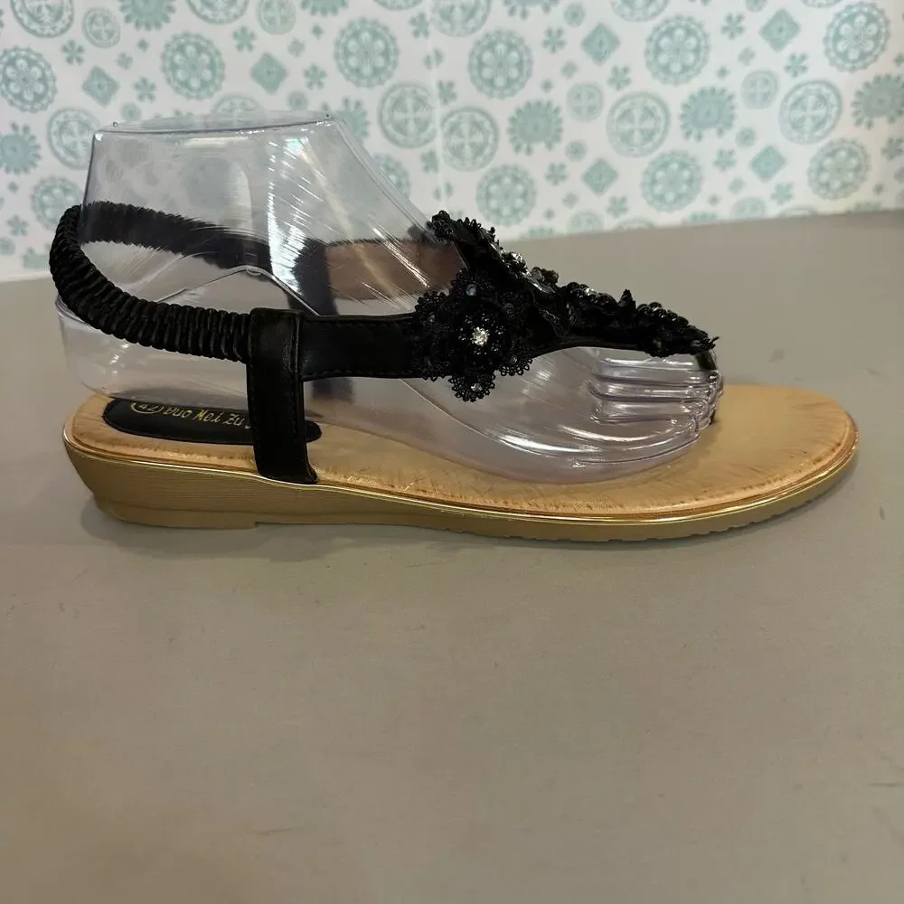 Duo Mei Zu Yuan Womens‎ 10 Thong Slingback Sandals Black Tan Rhinestones Floral - Picture 6 of 12
